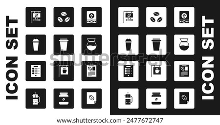 Set Electronic coffee scales, Coffee cup to go, Milkshake, Street signboard, Pour over maker, beans, Newspaper and and menu icon. Vector