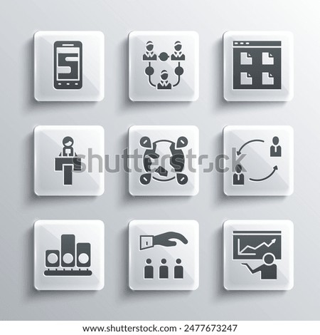 Set Boss with employee, Training, presentation, Human resources, Location the globe, Ranking star, Stage stand or tribune, Chat messages phone and Browser files icon. Vector