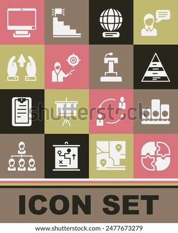 Set Piece of puzzle, Ranking star, Pyramid chart infographics, Worldwide, Marketing target strategy, Growth and progress, Computer monitor and Stage stand tribune icon. Vector