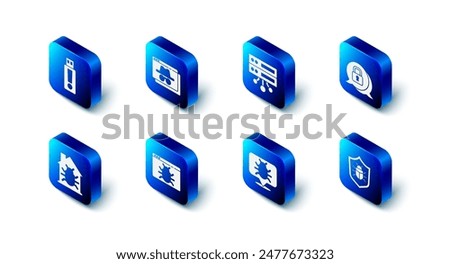 Set Browser incognito window, Server, Data, Web Hosting, Cyber security, System bug, House system and USB flash drive icon. Vector