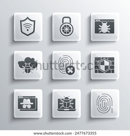 Set System bug on monitor, Fingerprint, Shield with brick wall, Cancelled fingerprint, Browser incognito window, cloud, WiFi wireless and  icon. Vector