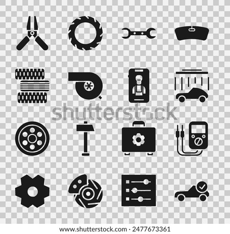 Set Auto service check automotive, Multimeter, Car wash, Wrench spanner, Automotive turbocharger, tire wheel, battery jumper power cable and Online car services icon. Vector