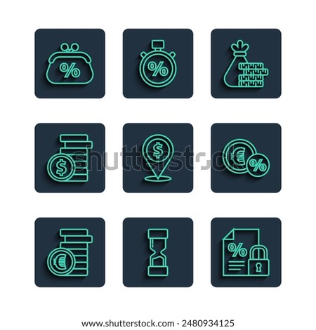 Set line Coin money with euro symbol, Old hourglass, Finance document and lock, Money bag coin, Cash location, dollar, Purse percent and  icon. Vector