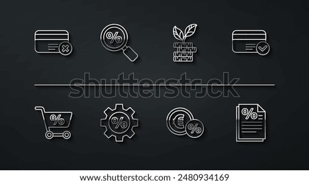 Set line Credit card remove, Shopping cart, Money coin with percent, Gear, Magnifying glass, Finance document and Dollar plant icon. Vector