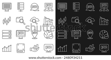Set line Data analysis, Financial growth, decrease, Search with folder, Browser stocks market, Binary code and cloud computing icon. Vector