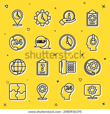 Set line Location with gear, Telephone 24 hours support, Support operator in touch, Information, Speech bubble text Help, clock and Time Management icon. Vector