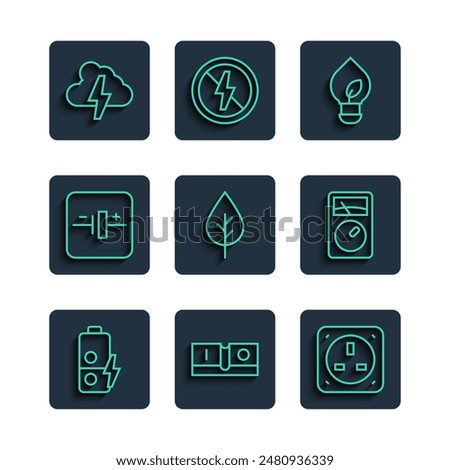 Set line Battery charge, Electric light switch, Electrical outlet, Light bulb with leaf, Leaf Eco symbol, DC voltage source, Cloud and lightning and Ampere meter, multimeter icon. Vector