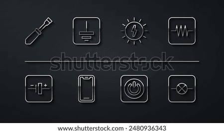 Set line Screwdriver, DC voltage source, Resistor in electronic circuit, Power button, Mobile phone, Electrical symbol ground, Lamp and Solar energy panel icon. Vector