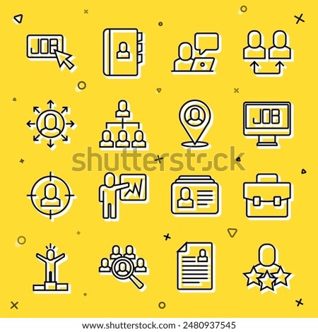 Set line Productive human, Briefcase, Search job, Freelancer, Employee hierarchy, Multitasking manager working,  and Worker location icon. Vector