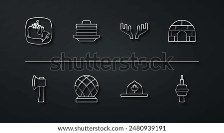 Set line Canada map, Wooden axe, Igloo ice house, Canadian ranger hat, Montreal Biosphere, Stack of pancakes, TV CN Tower in Toronto and Deer antlers icon. Vector