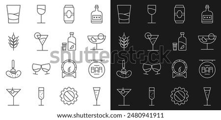 Set line Glass of champagne, Street signboard with Bar, Cocktail, Beer can, Martini glass, Hop, vodka and Vodka pepper and icon. Vector