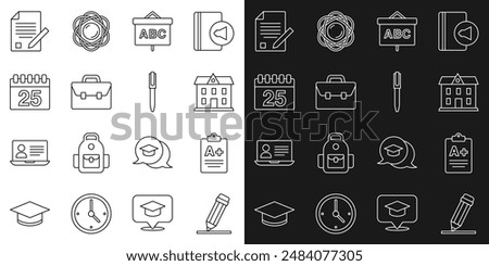 Set line Pencil with eraser, Exam sheet A plus grade, School building, Chalkboard, Briefcase, Calendar, and pencil and  icon. Vector