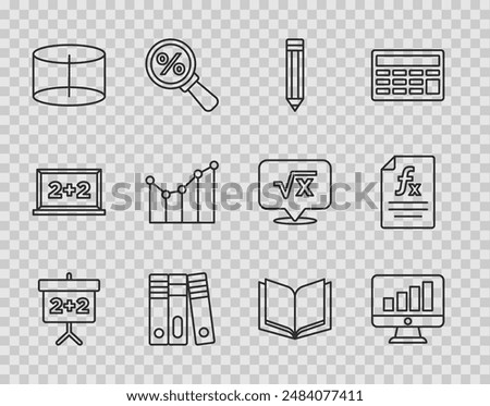Set line Chalkboard, Computer monitor with graph chart, Pencil, Office folders, Geometric figure Cylinder, Graph, schedule, diagram, Open book and Function mathematical symbol icon. Vector