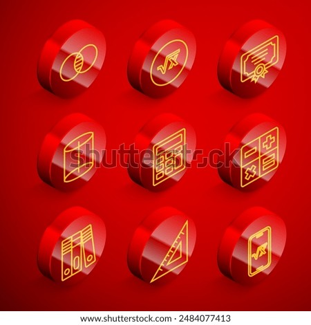 Set line Mathematics sets A and B, Square root of x glyph, Certificate template, Geometric figure, Calculator, Office folders and Triangular ruler icon. Vector