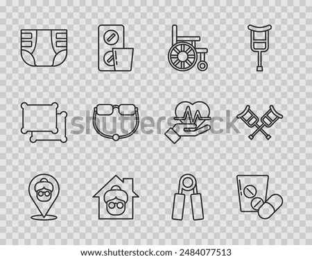 Set line Nursing home, Medicine pill or tablet, Wheelchair, Adult diaper, Eyeglasses, Sport expander and Crutch crutches icon. Vector