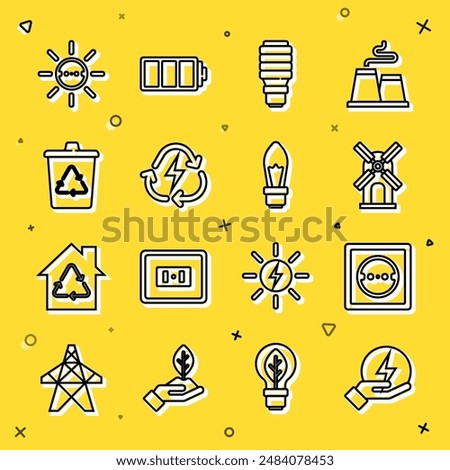 Set line Lightning bolt, Electrical outlet, Wind turbine, LED light bulb, Battery with recycle, Recycle, Solar energy panel and  icon. Vector