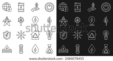 Set line Garbage bag with recycle, Light bulb leaf, Leaf or leaves, Plant in hand, Wind turbine, Electric tower, Global energy power planet and Lightning bolt icon. Vector