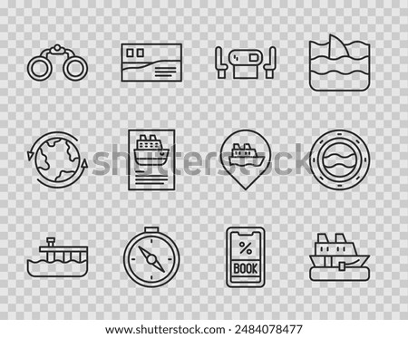 Set line Beach pier dock, Cruise ship, Poker table, Compass, Binoculars, ticket and Ship porthole with seascape icon. Vector