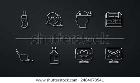 Set line Gallows rope loop hanging, Pirate eye patch, Antique treasure chest, Location pirate, Alcohol drink Rum,  and captain icon. Vector
