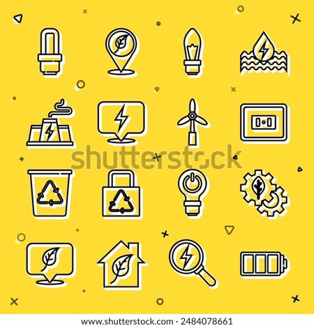 Set line Battery, Leaf plant in gear machine, Electrical outlet, Light bulb, Lightning bolt, Power station factory, LED light and Wind turbine icon. Vector