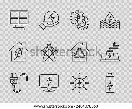 Set line Electric plug, Battery, Leaf plant in gear machine, Lightning bolt, Solar energy panel, tower,  and Power station factory icon. Vector