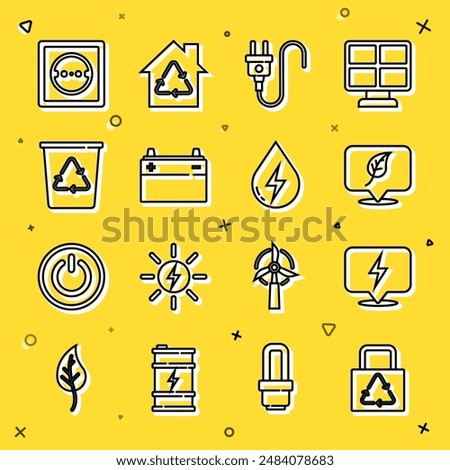 Set line Paper bag with recycle, Lightning bolt, Location leaf, Electric plug, Car battery, Recycle bin, Electrical outlet and Water energy icon. Vector