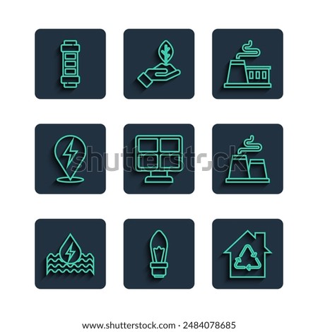 Set line Water energy, Light bulb, Eco House with recycling, Factory, Solar panel, Lightning bolt, Battery and  icon. Vector