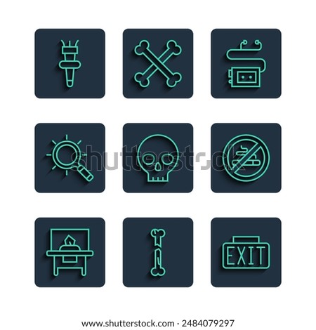 Set line Glass showcase for exhibit, Human broken bone, Exit sign, Museum audio guide, skull, Magnifying glass, Torch flame and No Smoking icon. Vector