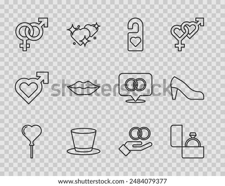 Set line Balloons in form of heart, Diamond engagement ring, Please do not disturb, Cylinder hat, Gender, Smiling lips, Wedding rings and Woman shoe icon. Vector