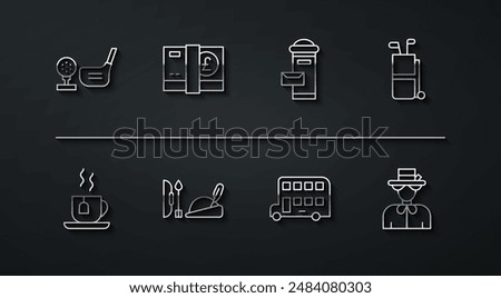 Set line Golf club with ball on tee, Cup of tea tea bag, clubs, Double decker bus, Robin hood hat, Pound sterling money, Queen Elizabeth and London mail box icon. Vector