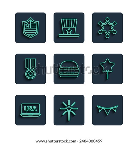Set line USA on laptop, Firework, Carnival garland with flags, Hexagram sheriff, Burger, Medal star, Shield stars and Balloon icon. Vector
