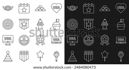 Set line Torch flame, USA on laptop, Cake, Gold bars, American flag, star shield, Star military and Fire hydrant icon. Vector