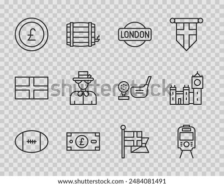 Set line Rugby ball, Tram and railway, London sign, Pound sterling money, Coin with pound, Queen Elizabeth, England flag flagpole and Big Ben tower icon. Vector