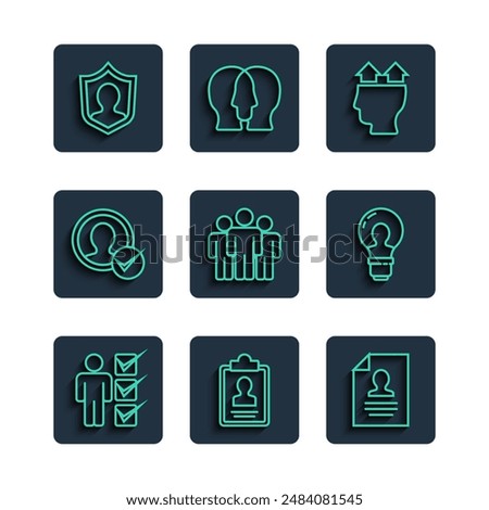 Set line User of man in business suit, Clipboard with resume, Resume, Users group, Create account screen, protection and Head lamp bulb icon. Vector