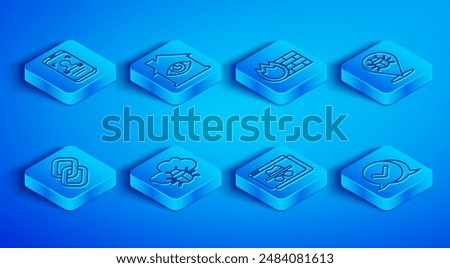 Set line Mobile and face recognition, House with eye scan, Firewall, security wall, System bug cloud, Browser incognito window, Chain link and Check mark speech bubble icon. Vector
