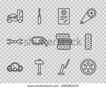 Set line Speedometer, Alloy wheel, Auto service check automotive, Hammer, Car transporter truck, rearview mirror, Windscreen wiper and tire icon. Vector