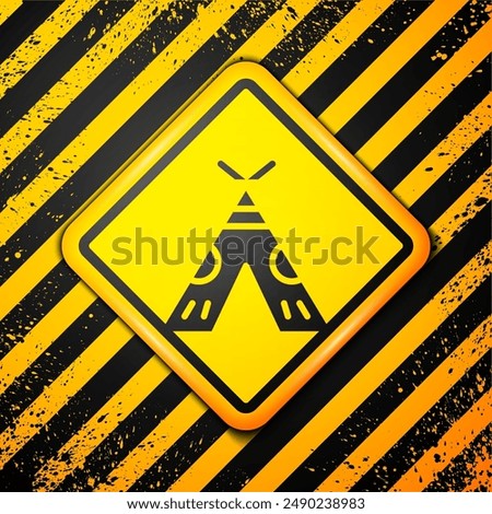 Black Traditional indian teepee or wigwam icon isolated on yellow background. Indian tent. Warning sign. Vector Illustration