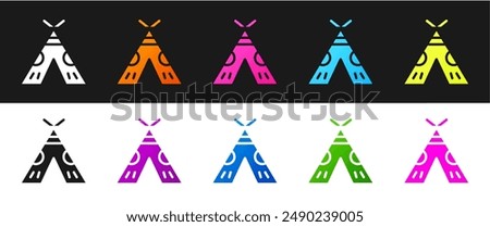 Set Traditional indian teepee or wigwam icon isolated on black and white background. Indian tent.  Vector Illustration