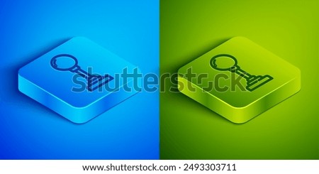 Isometric line Joystick for arcade machine icon isolated on blue and green background. Joystick gamepad. Square button. Vector Illustration