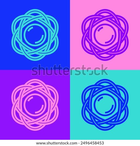 Pop art line Atom icon isolated on color background. Symbol of science, education, nuclear physics, scientific research.  Vector