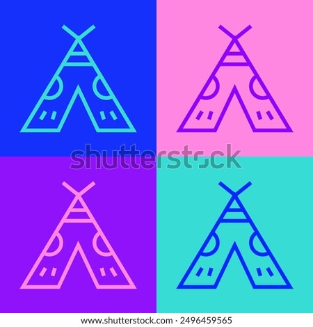 Pop art line Traditional indian teepee or wigwam icon isolated on color background. Indian tent.  Vector Illustration