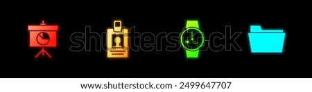 Set Chalkboard with diagram, Identification badge, Wrist watch and Document folder icon. Vector