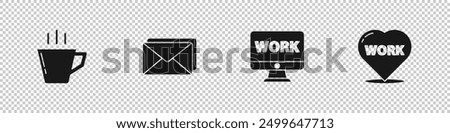 Set Coffee cup, Envelope, Monitor with text work and Heart icon. Vector