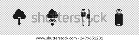 Set Cloud download, Network cloud connection, USB cable cord and Mobile with wi-fi wireless icon. Vector