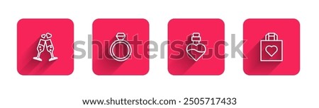 Set line Glass of champagne, Wedding rings, Bottle with love potion and Shopping bag heart with long shadow. Red square button. Vector