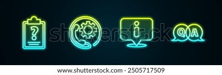 Set line Clipboard with question marks, Telephone 24 hours support, Information and Question and Answer. Glowing neon icon. Vector