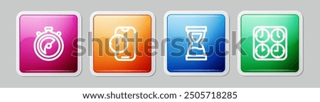 Set line Stopwatch, Alarm clock app mobile, Old hourglass and Time zone clocks. Colorful square button. Vector