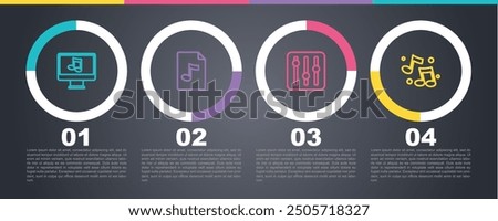 Set line Computer with music note, MP3 file document, Sound mixer controller and Music tone. Business infographic template. Vector