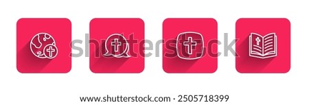 Set line Christian cross with globe,  and Holy bible book with long shadow. Red square button. Vector