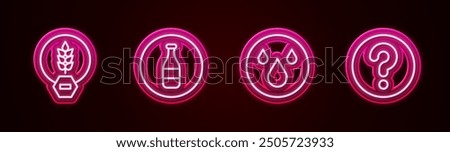 Set line Gluten free grain, Bottle, Water drop and Unknown search. Glowing neon icon. Vector